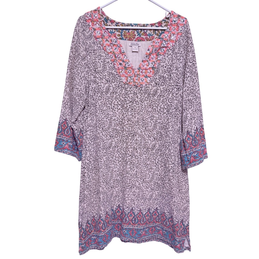 Lucky Brand Dashiki Shift Dress XL Embroidered Sequin Floral Cotton Gauze Cream